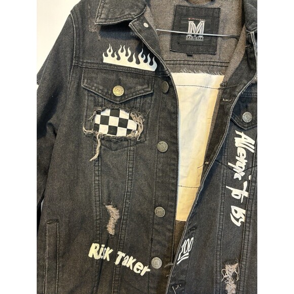 Washed Denim Distress Jean Jacket Men's Mad City Politically Incorrect sz M - Picture 12 of 12